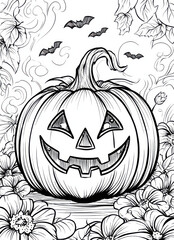 Spooky Jack-o'-lantern Illustration Coloring page: A festive Halloween illustration showcasing a carved pumpkin surrounded by flowers and bats, perfect for adding a touch of autumnal fun.