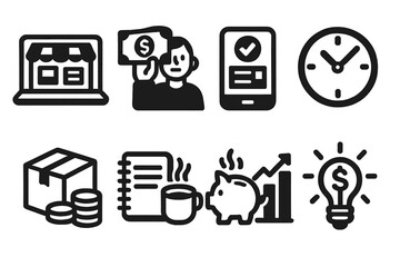 E-commerce linear icon set. featuring online store, payment, smartphone, clock, delivery, notebook, savings, growth, ideas