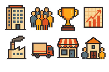 Fototapeta premium Business and growth flat icon set. featuring building, team, trophy, chart, factory, truck, shop, and home