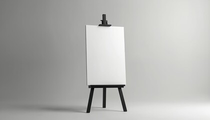 Minimalist setup features blank canvas on black easel against grey studio backdrop. Ideal for artists, designers, educators, empty display space awaits creative expression. Perfect for inspiration,
