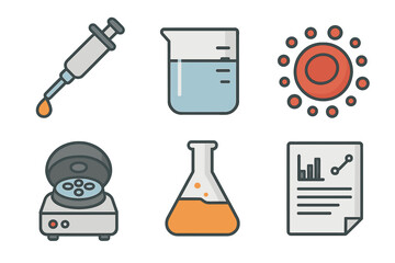 Obraz premium Biomedical flat icon set. featuring syringe, beaker, cell, centrifuge, flask, report