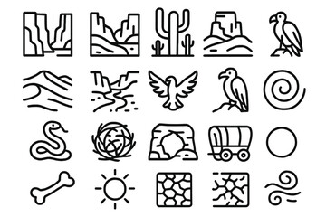 Fototapeta premium Nature and wildlife linear icon set. featuring canyon, cactus, desert, bird, snake, and sun symbols