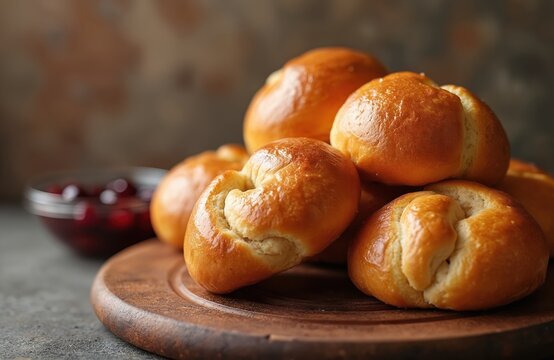 Golden brown brioche buns with glossy finish stacked on rustic wooden board. Soft, fluffy pastries warm, inviting texture perfect for breakfast sweet snack. Bowl of berries sits beside, homemade,