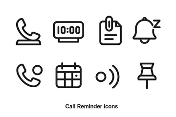 Call reminder linear icons set. featuring phone, alarm, memo, bell, calendar, notification, and pin symbols