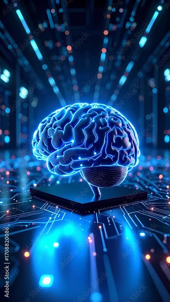 Poster glowing human brain on microchip with circuit board patterns and network lights
