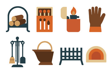 Fireplace tools flat icon set. featuring log holder, matchbox, lighter, gloves, tongs, bellows, grate, and fire