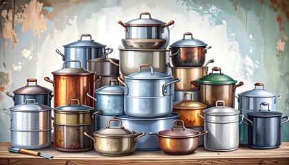 Assorted cookware, metal pots and pans stacked high against rustic backdrop