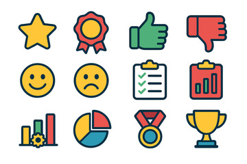 Business and success flat icons set. featuring star, badge, thumbs up, thumbs down, smile, frown, checklist, chart, graph, medal, trophy