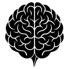 Stylized black and white graphic illustration of a human brain with visible hemispheres and gyri