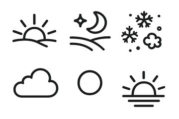 Fototapeta premium Weather silhouette icon set. featuring sunrise, moon, snowflakes, cloud, circle, and sunset symbols