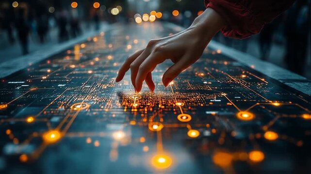 Cinematic Close-Up of a Hand Navigating a Glowing Futuristic Touchscreen with a Digital Network
