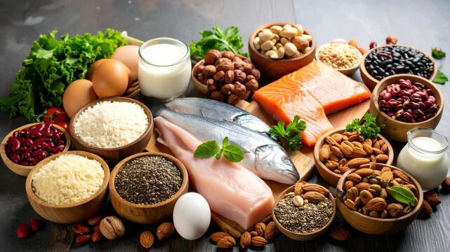 Assortment of protein rich food sources: fish, chicken breast, salmon, nuts, seeds, beans, rice, eggs, milk, and green salad on wooden surface.