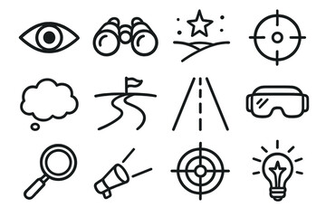 Obraz premium Adventure and exploration linear icon set. featuring binoculars, map, path, telescope, eye, and road symbols