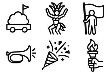 Carnival celebration linear icon set. featuring float, dancer, flag bearer, trumpet, confetti, and torch symbols