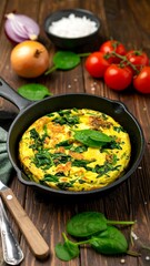 Baked spinach and cheese frittata in a cast iron pan
