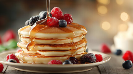 Stack of fluffy pancakes topped with berries and syrup drizzle, photographed in warm morning light
