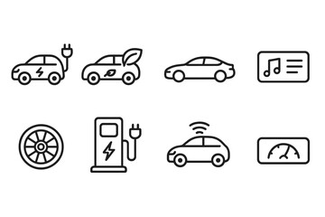 Electric vehicle linear icon set. featuring car, eco, charging, music, wheel, pump, wifi, speedometer symbols