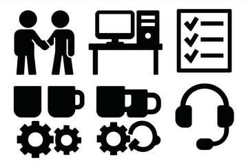 Office essentials silhouette icon set. featuring handshake, computer, checklist, mugs, gear, and headset symbols