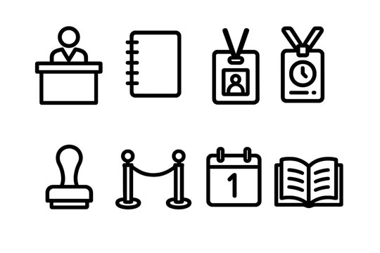 Conference and event linear icon set. featuring podium, notebook, badge, lanyard, stamp, barrier, calendar, book - Powered by Adobe