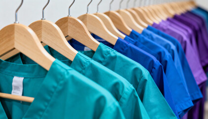 Row of colorful medical scrubs on wooden hangers in shades of green, blue, and purple, neatly arranged in a healthcare setting