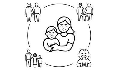Family of four cartoon illustration with parents and children in simple vector drawing style