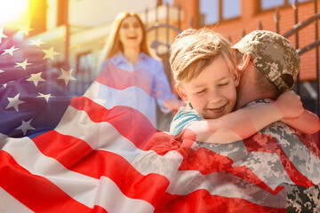 Military man and his family outdoors, double exposure with national flag of USA