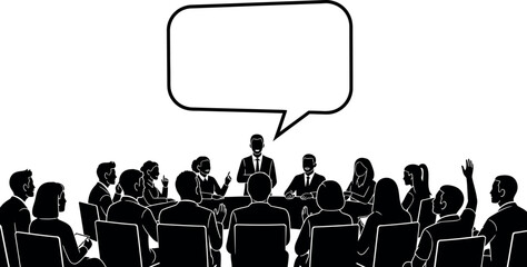 Diverse group of people in silhouette engaging in a meeting with a speaker at the front, under a large speech bubble.