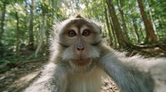 Close-up selfie of a monkey in a lush green forest