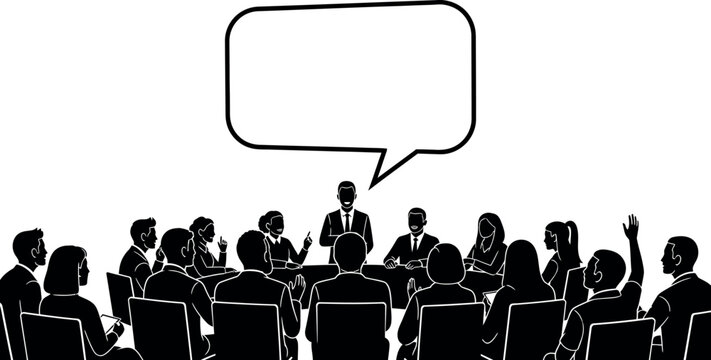 Diverse group of people in silhouette engaging in a meeting with a speaker at the front, under a large speech bubble.