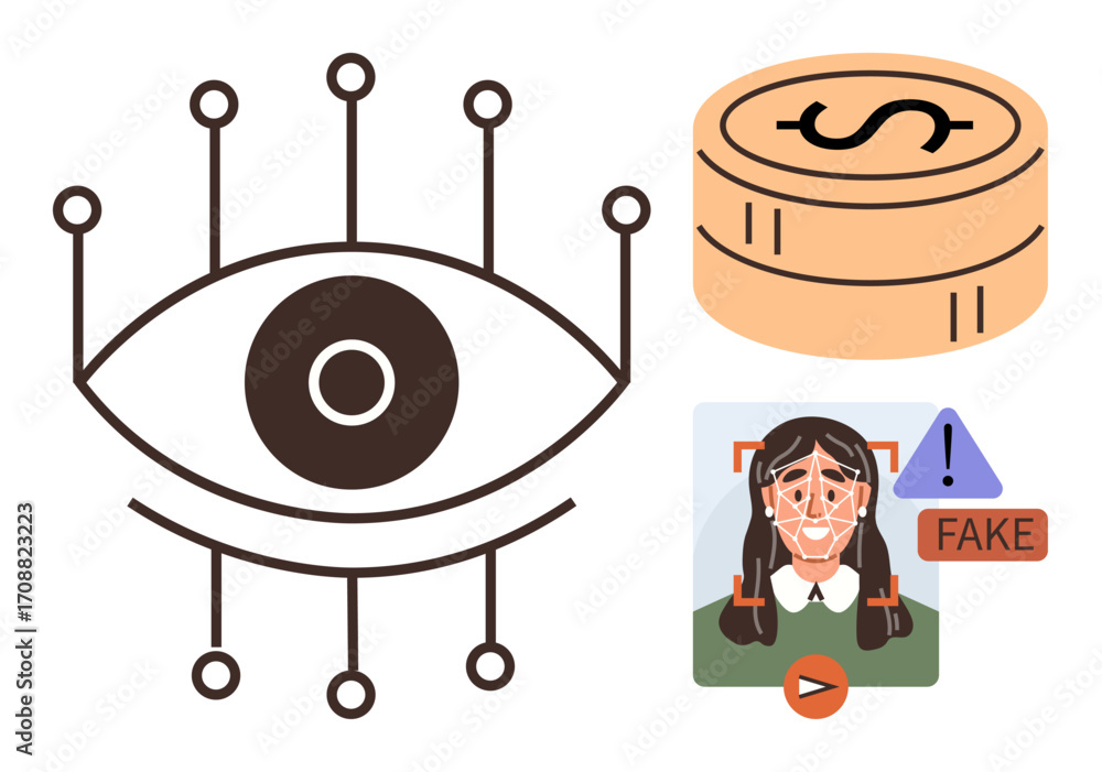 Poster eye with connected nodes, stack of dollar coins, and deepfake detection warning. ideal for ai, surve