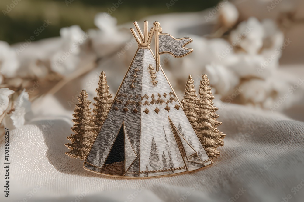 Poster golden teepee structure adorned with intricate patterns surrounded by evergreen trees conveying a se