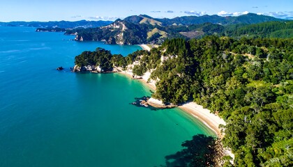 Coastal scenery, lush green hills, turquoise water