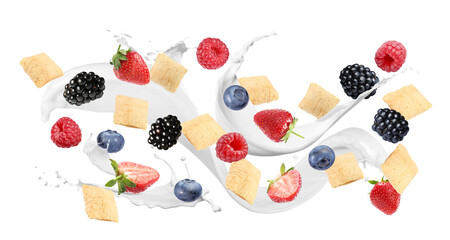 Splashing milk with sweet corn pads and fresh berries in air against white background. Healthy...
