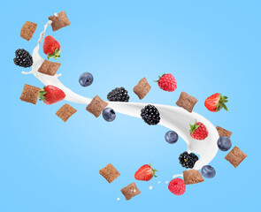Splashing milk with sweet corn pads and fresh berries in air against light blue background. Healthy breakfast