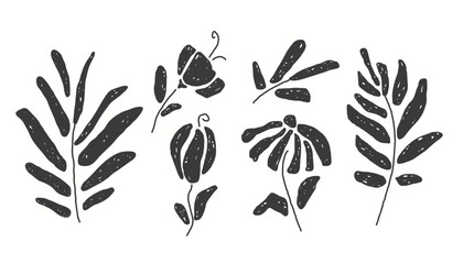 Flowers and Branches with decorative texture. Botanical design. Botanical doodle set. Abstract flowers and leaves. Abstract plants. Repeated template for textile, wrapping paper, wallpaper, scrap.