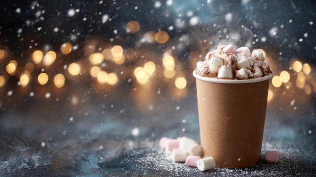 Paper cup brown clear with hot chocolate and fluffy marshmallows, generated AI