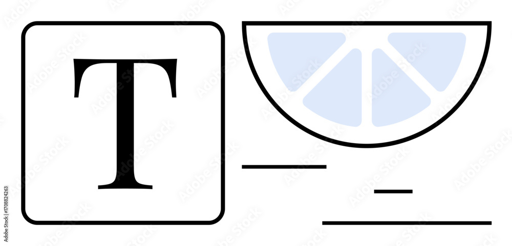 Poster bold serif letter t framed in a square next to a minimalistic lemon wedge and clean horizontal lines