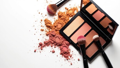 Vibrant warm-toned eyeshadow palette with makeup brushes scattered. Crashed cosmetic samples create textured swatches on white background. Beauty industry concept for glamour and artistry.