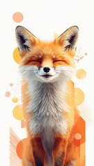 Obraz premium Smiling red fox with closed eyes surrounded by abstract orange and yellow geometric shapes on a white background