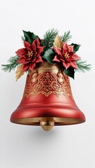 Red and gold Christmas bell with poinsettia flowers, green pine branches, and intricate decorative patterns