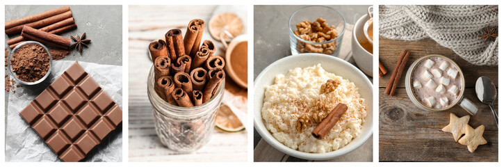 Cinnamon powder and sticks. Drink and dish with added spice. Collage of pictures