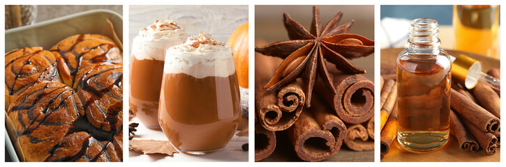 Cinnamon oil, powder and sticks. Drink and pastry with added spice. Collage of pictures