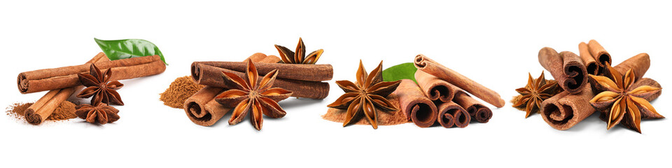 Cinnamon sticks and powder isolated on white, set