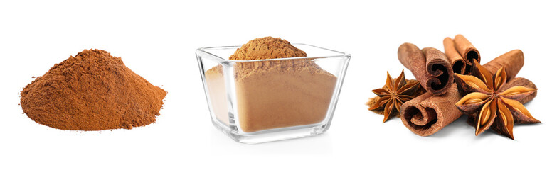 Cinnamon powder and sticks isolated on white, set. Aromatic spice