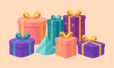 Colorful Christmas holiday gift boxes with ribbons and bows, festive wrapped presents in different shapes and sizes, flat vector illustration for winter celebration, New Year