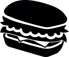 Layered Sandwich Silhouette Icon in Black and White with Cheese and Lettuce Detail