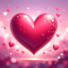 A large, glossy pink heart surrounded by smaller hearts, set against a soft, pastel pink and purple background