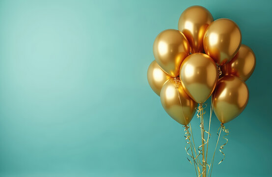 Golden balloons float against teal background, celebrating 60 years of joy, milestones. Perfect for birthday invitations, anniversary announcements, festive event decoration, signifying achievement,