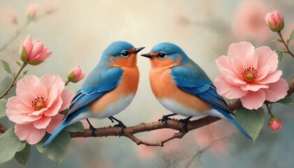 Obraz premium Pair of bluebirds rest on tree branch in blooming pink flowers. Artistic AI composition evokes serenity, harmony, and spring beauty. Vibrant colors, delicate details. Fauna, flora theme.