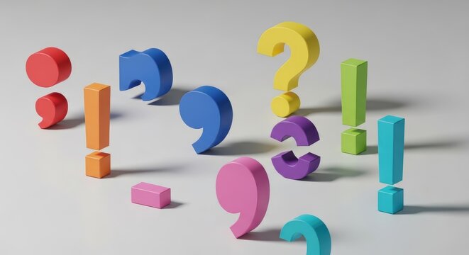Vibrant colorful punctuation symbols including question marks exclamation points commas and semicolons displayed on a clean white background celebrating National Punctuation Day grammar - Powered by Adobe